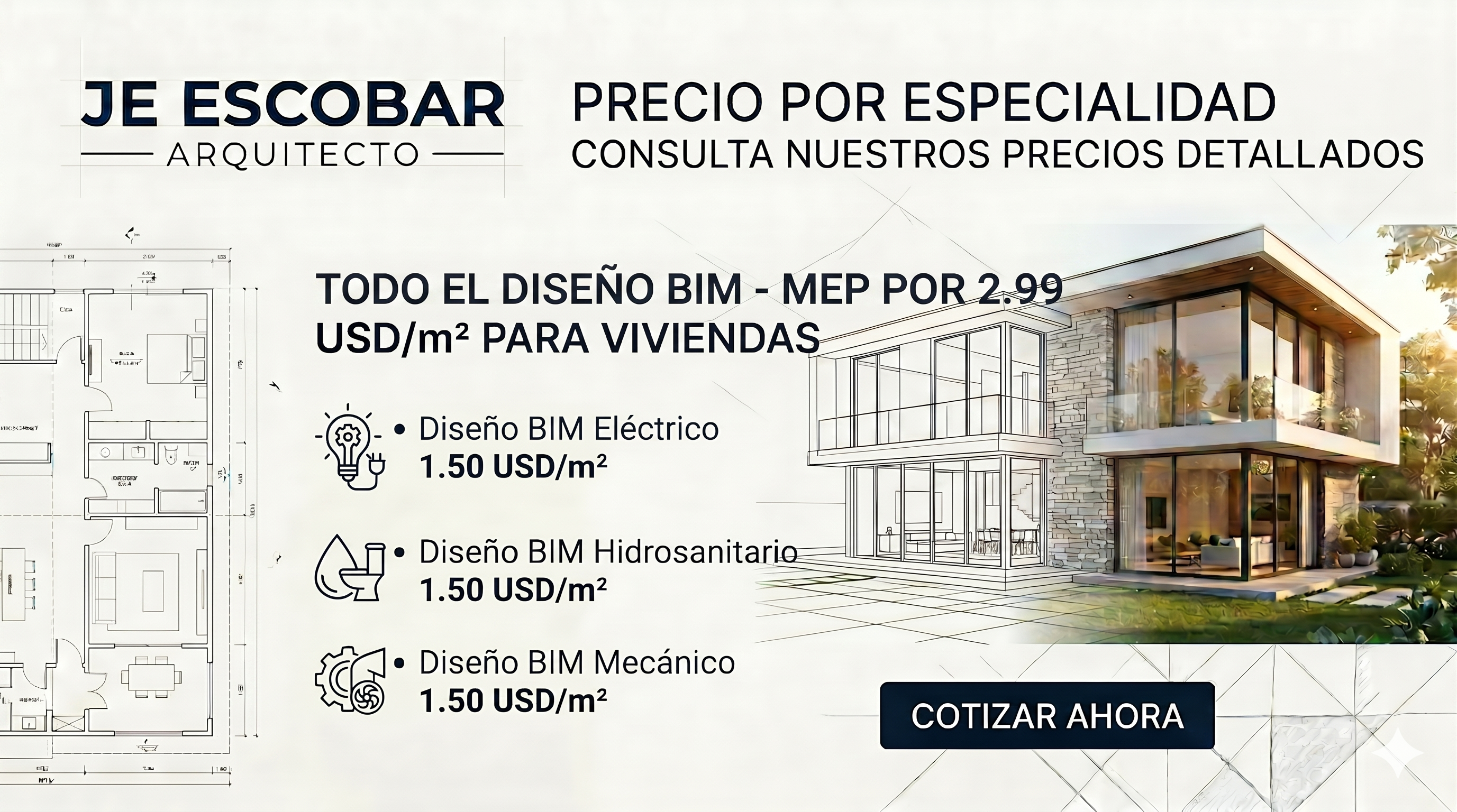 Diseño BIM-MEP (eléctrico, hidrosanitario y mecánico) por metro cuadrado en Ecuador